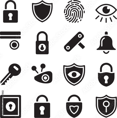 Security icons featuring locks shields fingerprint eye key bell camera and safe vector
