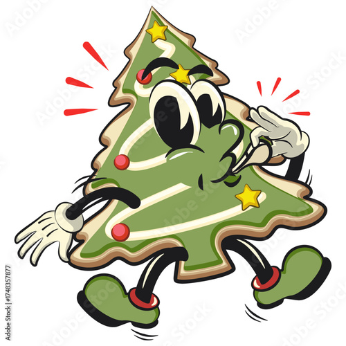 cute christmas tree cookie mascot cartoon character blowing the whistle, vector illustration isolated, work of hand drawn