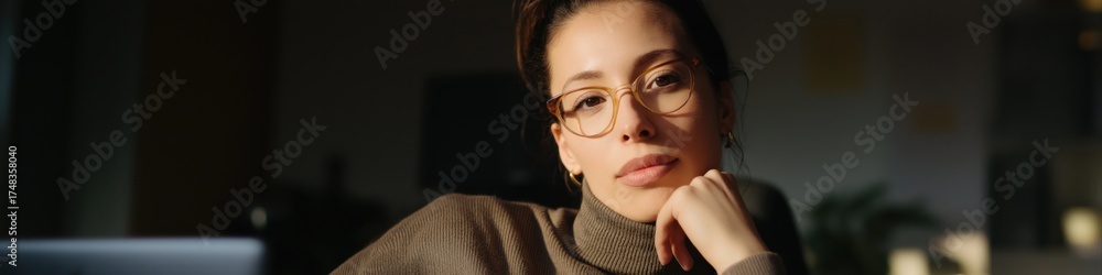 Fototapeta premium Thoughtful young caucasian female in glasses resting chin on hand in dimly lit room