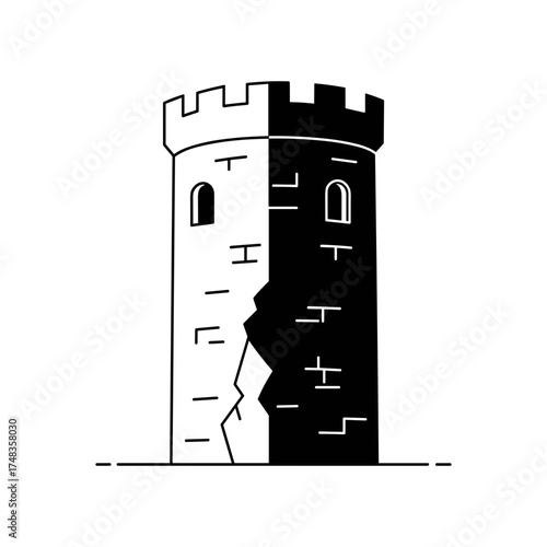Broken tower in symbolic minimalist style in black and white colors illustrating division and conflict concepts