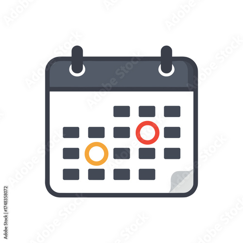 Modern calendar icon with marked dates in minimalist flat design for scheduling, deadlines, and time management