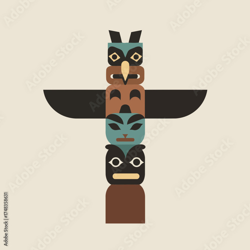 Flat Design Pacific Northwest Totem Pole Vector Illustration in Muted Earth Tones