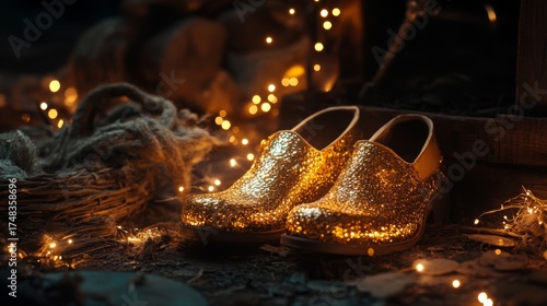 Glittering Golden Shoes Beside Twinkling Lights