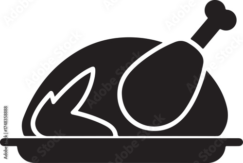 Cooked turkey silhouette icon, roasted turkey dinner silhouette, thanksgiving roast turkey silhouette vector, roasted chicken silhouette isolated on white background