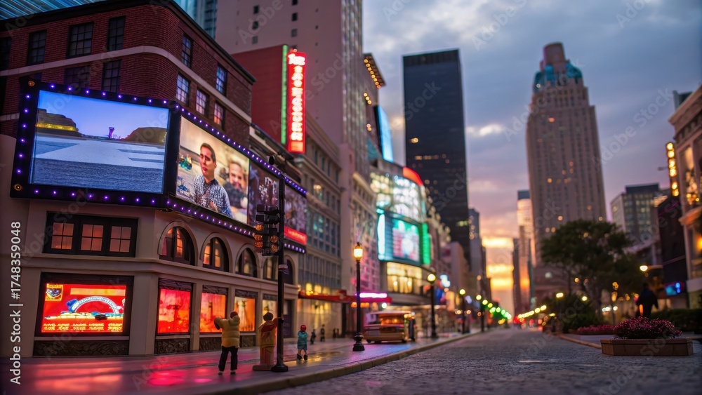 Obraz premium Urban cityscape with bright digital billboards on a city street