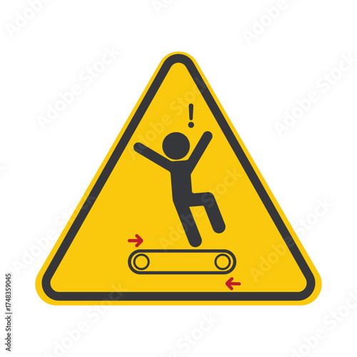 Isolated safety sign danger of moving conveyor, warning not to sit, stand, or walk on belt to prevent injury.
