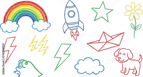 Vector art of assortment of colorful crayonstyle drawings including a rainbow, rocket, star, and dog