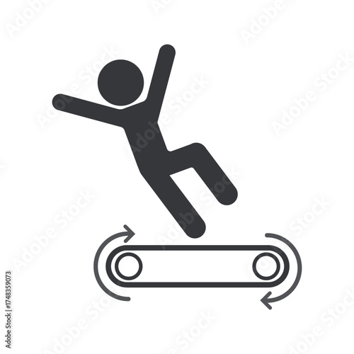 Isolated pictogram person falling from moving conveyor belt, used as industrial safety sign warning not to stand or sit.