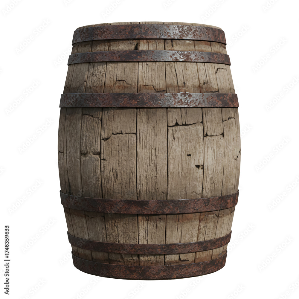 Fototapeta premium Single old rustic wooden barrel with rusty hoops