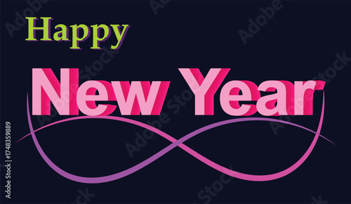 Happy New Year 3D text design with pink gradient infinity curve on dark background. Modern festive vector typography for holiday greetings, new year 2026, posters, and celebration banners.
