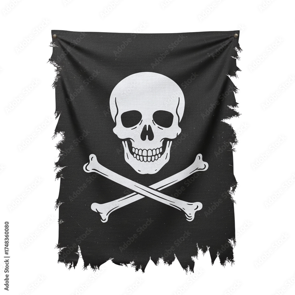 Naklejka premium Tattered black jolly roger pirate flag hanging