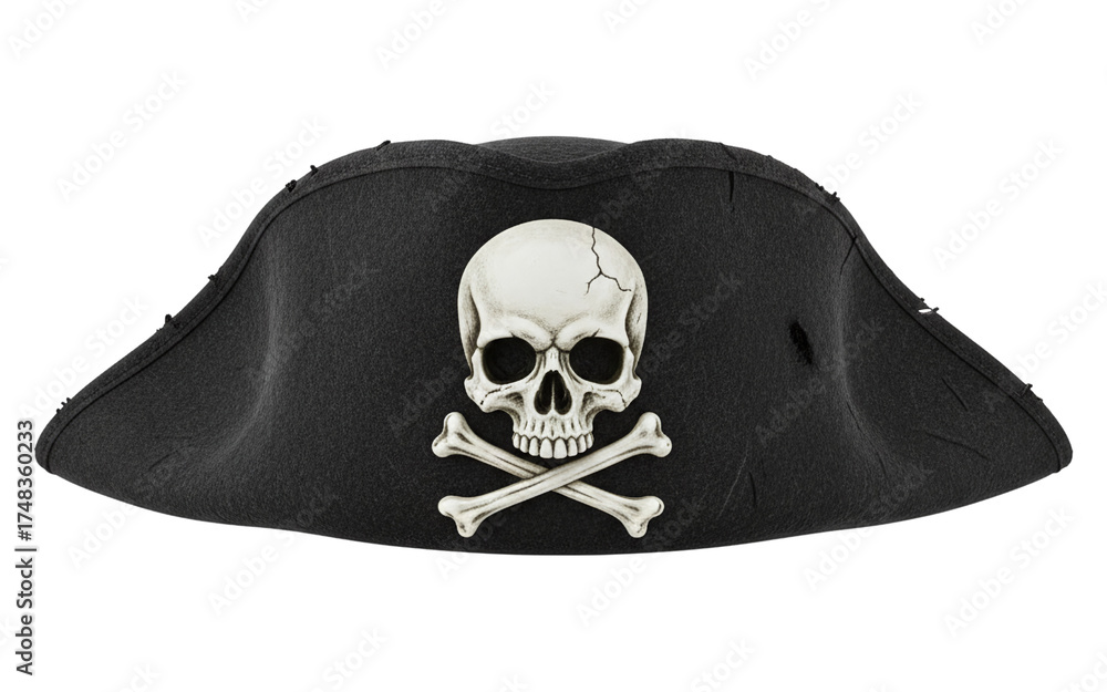 Naklejka premium Black pirate tricorne hat with 3d skull emblem
