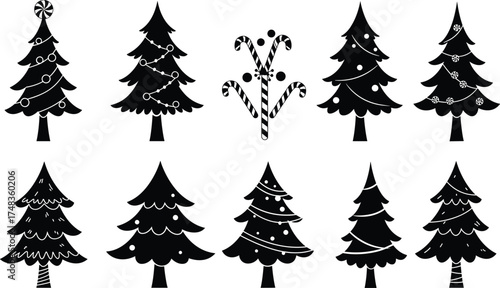  Christmas tree silhouettes collection, festive pine vector illustration, decorated holiday trees set for winter design, celebration elements, Xmas ornament, seasonal decoration art