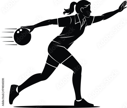 Female bowler in dynamic action pose black silhouette on transparent background