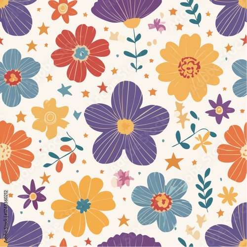 Beautiful sweet colourful flowers and leave design on purple background seamless pattern for fabric
1