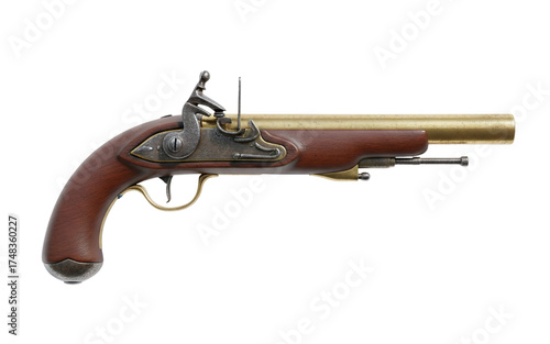 Photos Ornate antique flintlock pistol with brass barrel