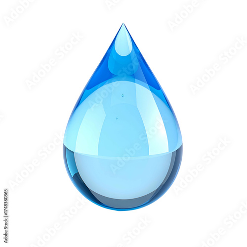 A glossy, clear blue water droplet isolated against a black background