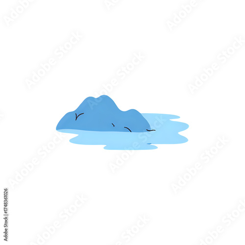 A minimalist flat vector illustration of a blue iceberg adrift in the ocean, symbolizing climate change, melting glaciers, and arctic nature