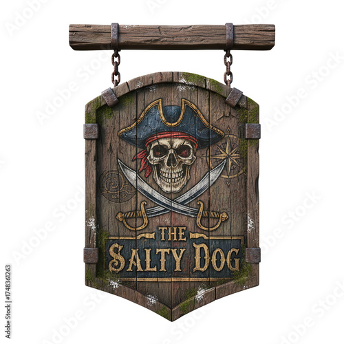 Fotografie Rustic wooden pirate tavern sign with skull emblem