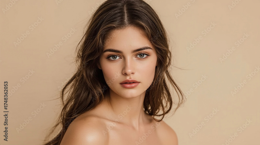 custom made wallpaper toronto digitalNatural beauty portrait of young woman with soft makeup and smooth skin on beige background, minimal style photography