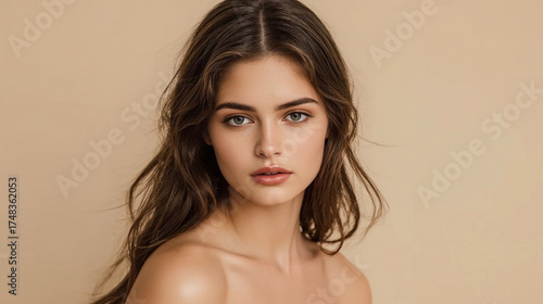 Wallpaper Mural Natural beauty portrait of young woman with soft makeup and smooth skin on beige background, minimal style photography Torontodigital.ca