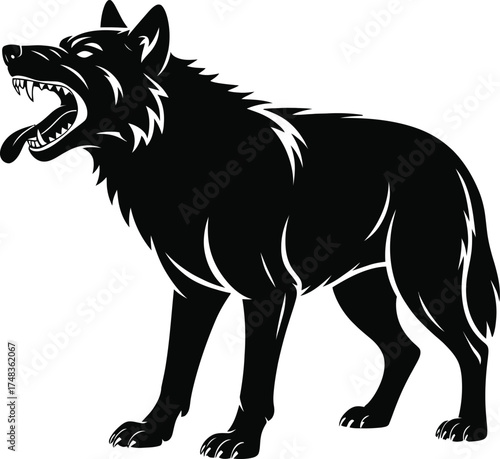 Dramatic howling wolf illustration black and white design on transparent background silhouette