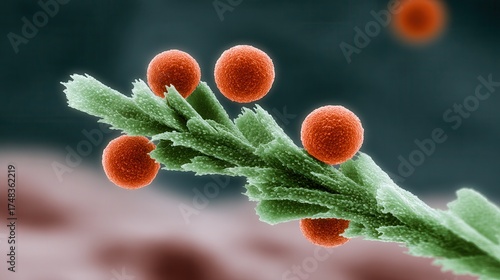 Microscopic pollen grains on pine needle background