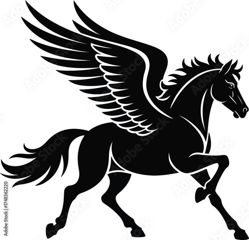Majestic pegasus with spread wings in dynamic pose on transparent background silhouette