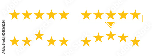 Four-Star Rating and Five-Star Review Icons: Yellow Vector Symbols for Customer Feedback, Quality Assessment, and Product Ranking