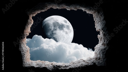 Moon cave opening with clouds in night sky