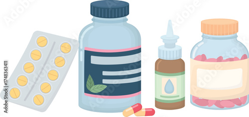 Medicine bottles and blister pack with tablets. Healthcare illustration with pharmaceutical products