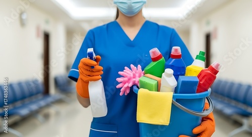 Healthcare worker in blue scrubs and mask holding cleaning supplies and bucket in hospital hallway
