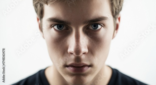 Close-up portrait of a young man with an intense gaze. Serious male model with blue eyes looking directly at the camera on a white background