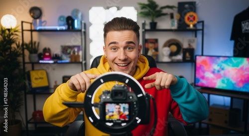 Happy male vlogger recording a video with a camera and ring light. Enthusiastic content creator smiling in a home studio. Social media influencer concept