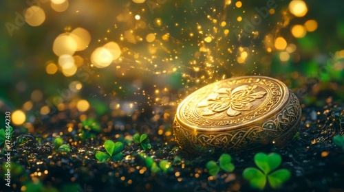 Golden Celtic Treasure Chest Amidst Shamrocks and Magic