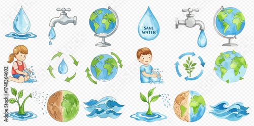 A collection of watercolor illustrations depicting water conservation, environmental protection, and sustainability concepts with globes, water drops, taps, children, and plants.