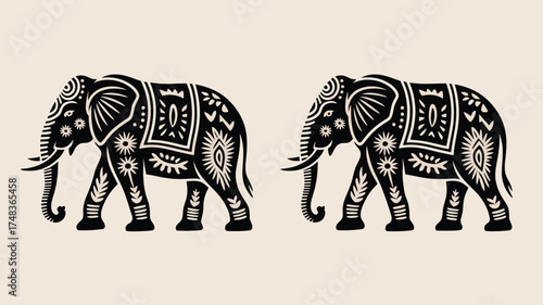 Elegant black and white elephant illustrations with intricate floral and geometric designs, perfect for bohemian style art prints or unique textile patterns