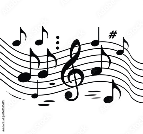 Abstract musical notes and staff lines creating a flowing melody on a white background