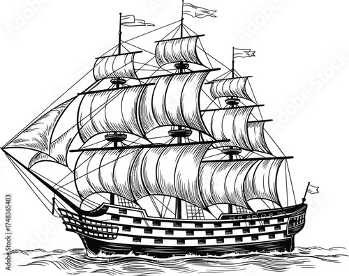 Detailed black and white illustration of a majestic tall ship sailing on the ocean waves