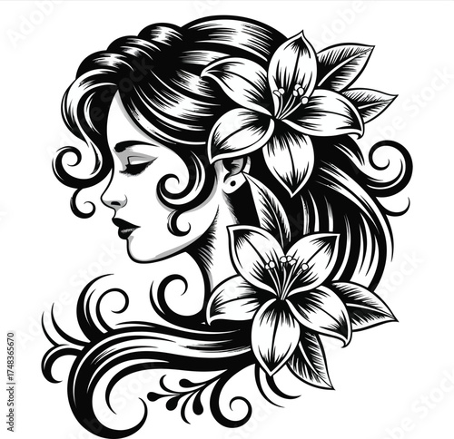 Elegant woman s profile with floral hair design on transparent background silhouette