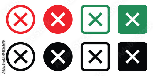 Set of vector Wrong Icons in red, green, and black. Circle and square backgrounds. Minimal, modern design for app interface use. Isolated on white. 