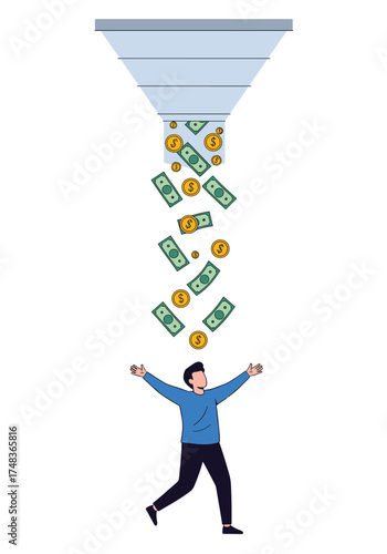 A person rejoicing as money and coins pour from a funnel into their open arms.