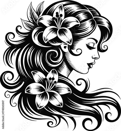 Elegant woman with flowers in her hair detailed illustration on transparent background silhouette