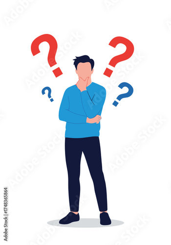 Man surrounded by question marks contemplating his next move.