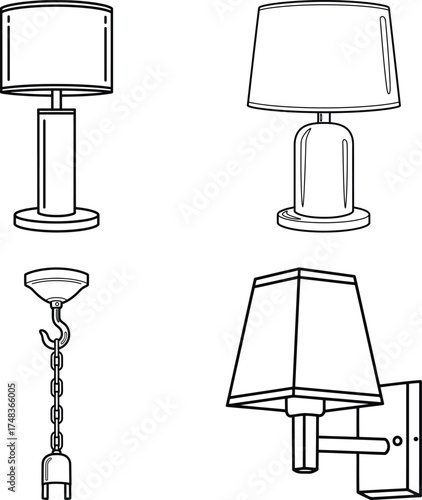 Collection of sketched lamps and lighting fixtures for home d�cor, line art illustration for children's simple coloring book
