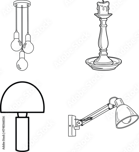 Collection of iconic lamp and lighting fixture sketches for design inspiration, line art illustration for children's simple coloring book