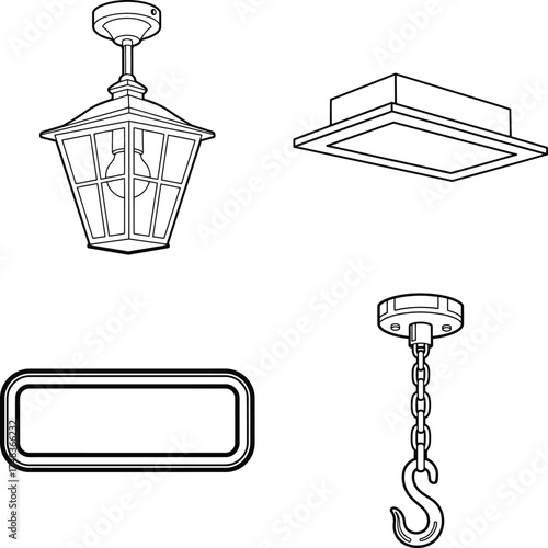 Collection of iconic lighting fixture graphics for design projects, line art illustration for children's simple coloring book