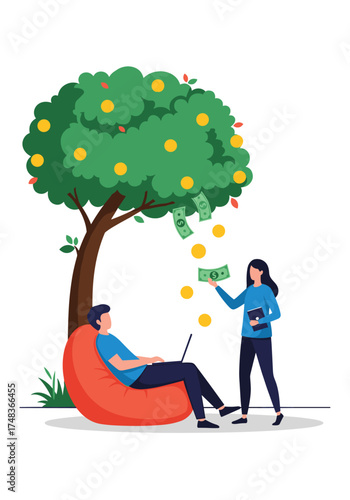 A couple harvests money from a money tree with laptop and camera.