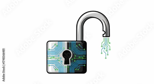 Illustration of a padlock with a circuit board design and green wires leaking from the shackle on a white background.