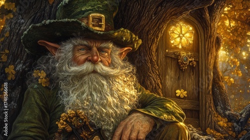 An elderly leprechaun sits by his golden door in the woods